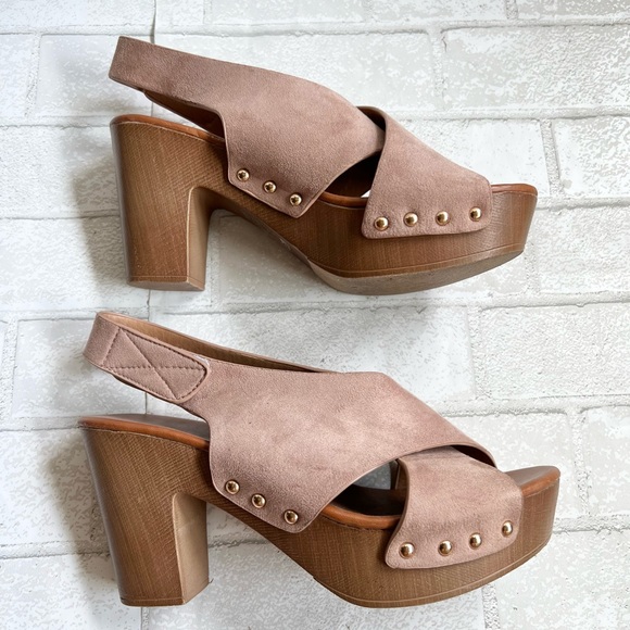 Faux wood and mauve suede platform heels - Picture 5 of 9